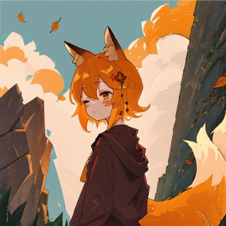 masterpiece, best quality, detailed background, cinematic lighting, senko-san, sen, animal ears, fox ears, fox girl, fox tail, hair flower, hair ornament, orange eyes, orange hair, short hair, tail, flat chest, 1girl, solo, graveyard, praying, closed eyes, rain, outdoors, cloudy sky, leaf, ruins, sunbeam, post-apocalypse, side view, <lora:senkoLora_v1:2.5>