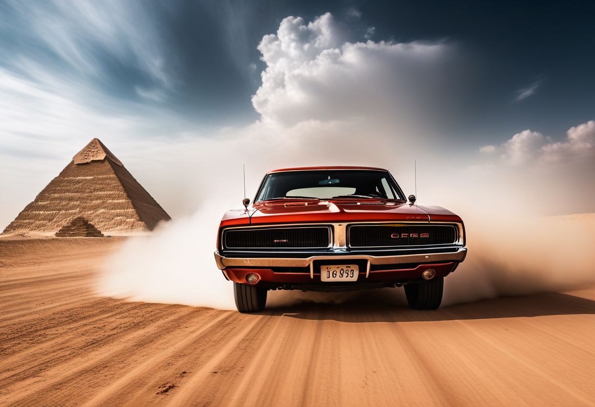 cinematic photo of dodge Charger 1968, magnificent three pyramids of Giza appear clearly, charm, highly detailed car, Professional lighting, full of life, Lively and energetic, 8K, rays of sun flow beyond heavy clouds, HDR, Fast & Furious movie, motion blur, moving tires, Cinematic Shot, Cinematic Lighting, amazing world, pure perfection, Need For Speed, wide angle exterior background, drifting, nebula horizon.