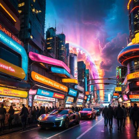 You are standing in the heart of a futuristic cityscape that is bustling with life and activity. The buildings around you are sleek and modern, with sharp angles and reflective surfaces that glint in the bright neon lights. The streets are filled with hovering cars that have bright headlights and glowing exhaust pipes, zipping past you at breakneck speeds. You can hear the sound of people talking and laughing, and the smell of street food wafts through the air. The sky above you is filled with dazzling neon lights that illuminate the city in a rainbow of colors. flying spaceship. bright digital advertisement boards hyper realistic, 8k, ultraealistic, HDR, HD, Realism
BadDream, OverallDetail