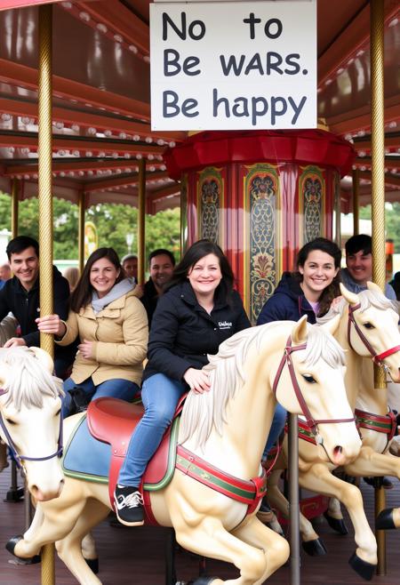 Group of people, men and women, in an amusement park, on a horse carousel, all seated on the horses, very smiley individuals with a sign that says no to wars, be happy.