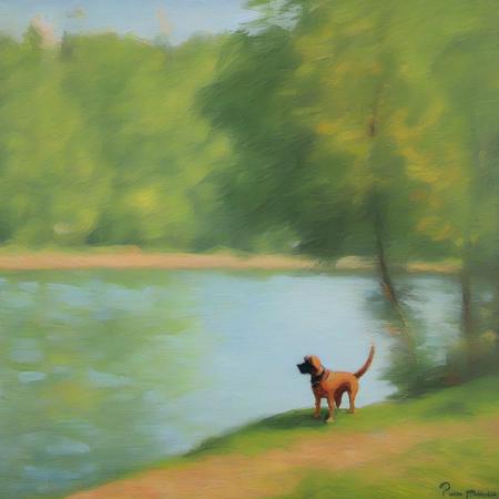 an impressionist painting of a dog by a lake in the style of Pissarro <lora:impressionism:1>