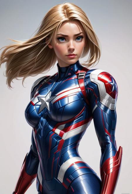 Rapunzel, Captain America, Captain America from the Marvel Comics, wearing a red, white, and blue suit, wielding a vibranium shield, standing tall in a heroic posepowered futuristic outfit, red and blue suit, ponytail, holding captain america round shield, swept bangs, style of stanley artgerm, white background, simple background
