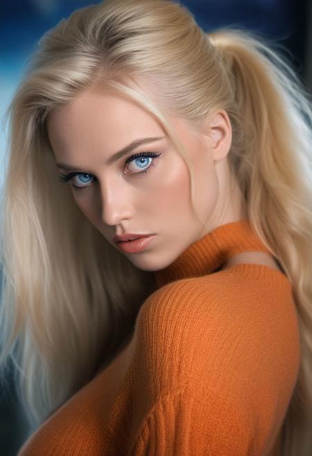 Photograph of a beautiful woman leaning over, extremely sexy, seductive, long blonde hair, pony tail, blue eyes, long eye lashes, luscious lips parted, comic book art, shiny smooth skin, oversized orange sweater, falling off her shoulder, shoulder visible, depth of field, focus on eyes, dark shadows, chiaroscuro, low-key portrait, golden ratio, luxurious, high class, ((best quality)),((masterpiece)),((ultra detailed colourful background, pastel colours. Digital illustration. Detailed and intricate.
masterpiece, RAW, by Steve McCurry, Olympus OM1, 70mm, Fujifilm Pro 400H, professional photography,  cinematic film still, shallow depth of field, vignette, highly detailed, high budget Hollywood movie, bokeh, cinemascope, moody, epic, gorgeous, 
Busty,