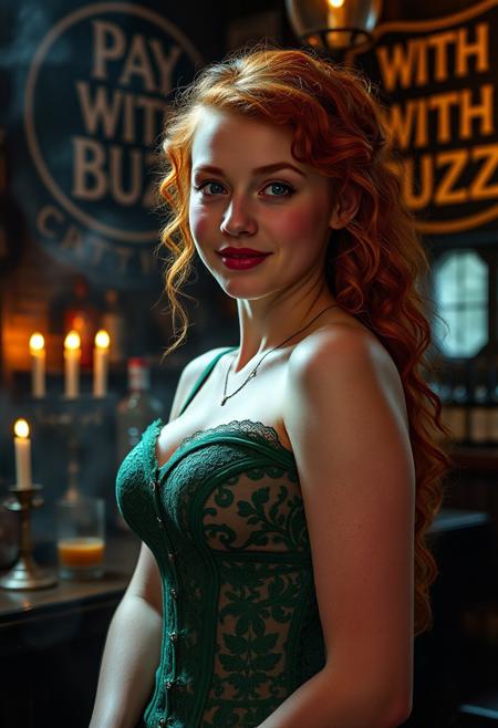 cute irish woman, Irish barmaid, 25 year old petite Irish woman, cute soft round face, pale white skin:0.8, redhead, very long curly ginger hair, full pouty lips, lips parted:0.8, happy, small nose, (((freckles))), big detailed blue eyes, (emerald green lace corset, sleeveless, strapless:1.5), cleavage:0.8,  
(small round breasts:1.2), (blushing), (((medieval pub, dark background, lit by candles, small windows, Smokey background))), large sign on wall says “PAY WITH BUZZ):2.5, portrait, shoulders turned slightly to side, serving large tankards of ale, warm lighting, light particles, bokeh:0.8, looking at viewer, soft window light,