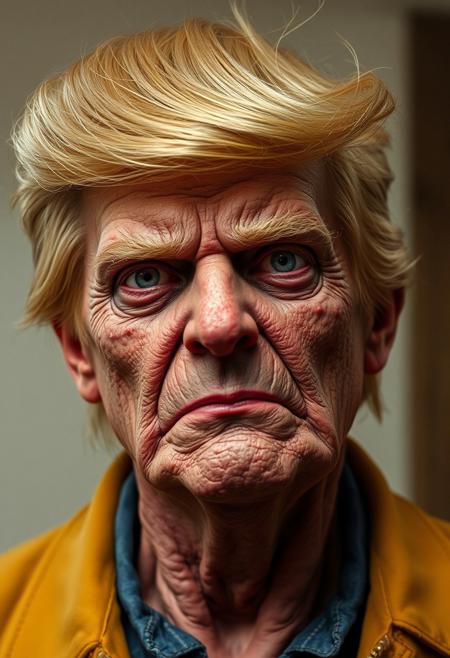 Donald Trummp as a real life Matt Goening charater, he is a zombie, hyper realistic, ultra detailed skin surface, ultra detailed hair
