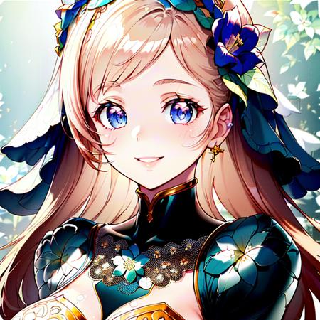 ((masterpiece)), ((best quality)), 8k, high detailed, ultra-detailed, illustration, bishoujo figure, cel shading, detailed and intricate, official art, portrait, 1girl, (long flowing hair), (big eyes:1.1), (rosy cheeks:1.2), (smiling), (elegant dress), (flower crown:1.1), (colorful background:1.2), vibrant colors, soft lighting, capturing the beauty and charm of a graceful bishoujo figure