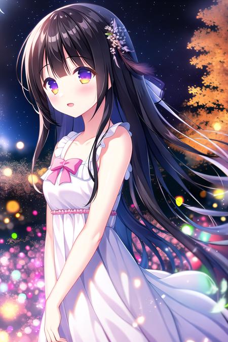 absurdres, high quality, game cg, 1girl, houraisan kaguya, evening gown, frilled dress, frills, outdoors, night sky, falling feathers, upper body, light particles, bokeh, chromatic aberration