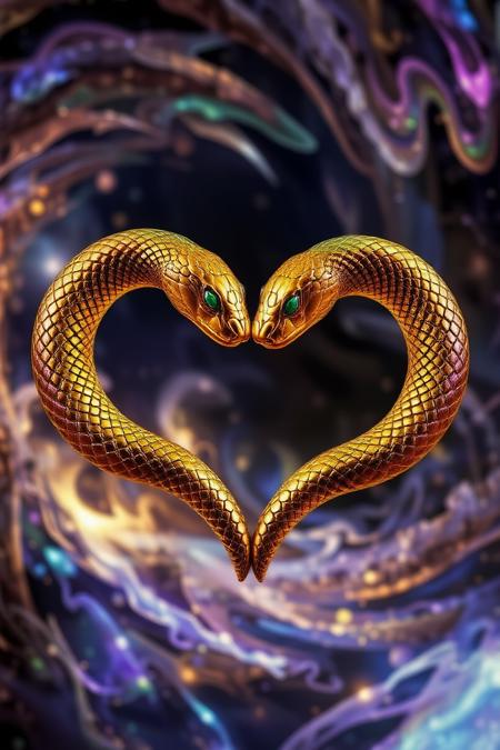 two metallic snakes forming a hear shape. The snakes are glowing with hues of gold, emerald, and violet. The scene is set in a surreal, cosmic environment, with a swirling vortex of colors and abstract shapes that appear both organic and celestial.