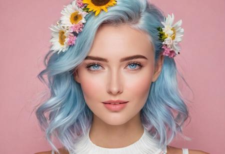 Portrait of a gorgeous happy woman with light blue hair and blue eyes. The young gorgeous happy woman wears a white top with a floral print, and there are flowers, including sunflowers and bluebells, decorating her hair and shoulders. The background is a soft gradient of pink and blue, giving the image a soft, serene atmosphere. The character's expression is calm and contemplative, and the overall style is vibrant and colorful, with a focus on the character's hair and floral details. by Frank Frazetta and Gil Elvgren