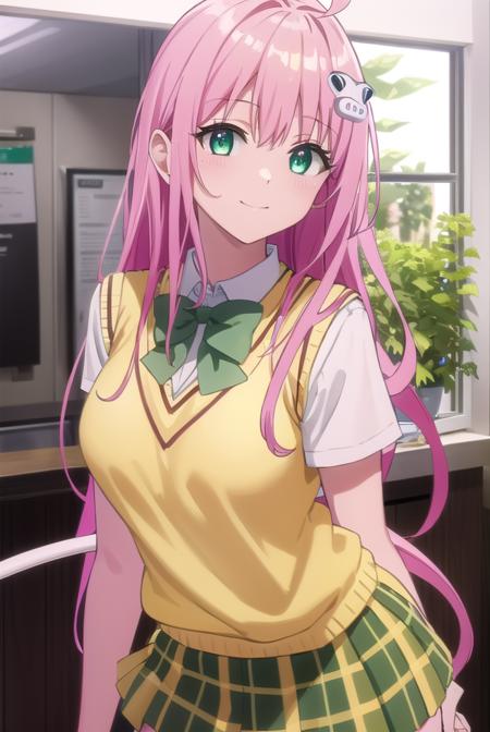 laladevilluke, <lora:lala deviluke darkness-lora-nochekaiser:1>,
lala deviluke, long hair, pink hair, tail, ahoge, bangs, hair ornament, (green eyes:1.5), smile,
BREAK demon tail, green skirt, plaid, plaid skirt, sainan high school uniform, school uniform, skirt, sweater vest, thighhighs, (yellow sweater:1.5), short sleeves, bow, (green bow:1.5)
BREAK indoors, classroom,
BREAK looking at viewer, (cowboy shot:1.5),
BREAK <lyco:GoodHands-beta2:1>, (masterpiece:1.2), best quality, high resolution, unity 8k wallpaper, (illustration:0.8), (beautiful detailed eyes:1.6), extremely detailed face, perfect lighting, extremely detailed CG, (perfect hands, perfect anatomy),