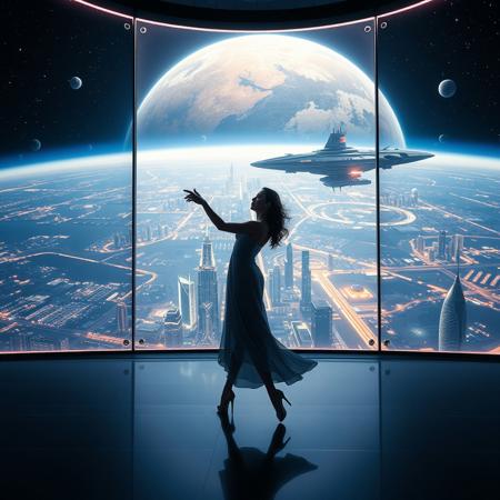 a beautiful elegant female dancer is dancing on a futuristic stage micro-LED lighted, behind the dancer on the stage is an enormous seamless and futuristic wall to wall and floor to ceiling window that looks out at a planet from low orbit, the planet is covered with the lights of enormous buildings and cities, An enormous deco starship with futuristic lighting and an enormous space station are visible in the background among the stars, Artistic art deco, dynamic perspective, (((overall architectural aesthetic is Art Deco Cyberpunk))).  Epic image that elicits a feeling of wonder and awe,