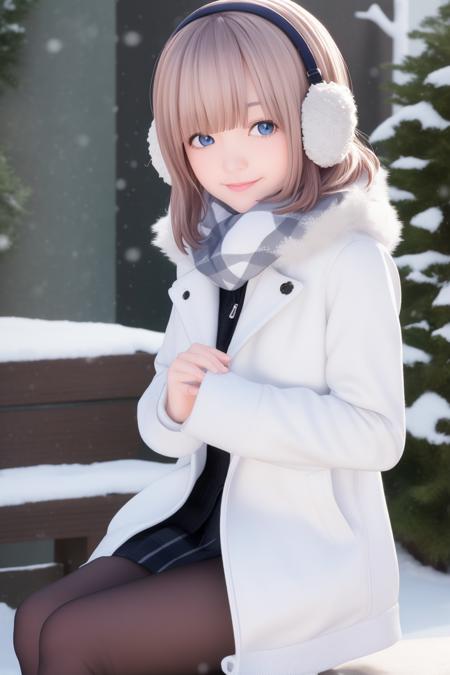 masterpiece,bast quality,official art,8K wallpaper,game cg,isuzurencoat \(magiarecord\),1girl, solo, white hair, blue eyes,light blue snowflake scarf, skirt,white earmuffs, hair over one eye, black pantyhose,black pantyhose,white coat,blue shirt, standing, long sleeves, snowflake skirt, short hair, smile, looking at viewer,snowing,tree,sitting,crossed legs,hands on own knee, <lora:ringcoat2:1:1,0.1,0.1,0.1,0.1,0,0,0,0.7,0.9,0.9,0,0,0,0,0,0>