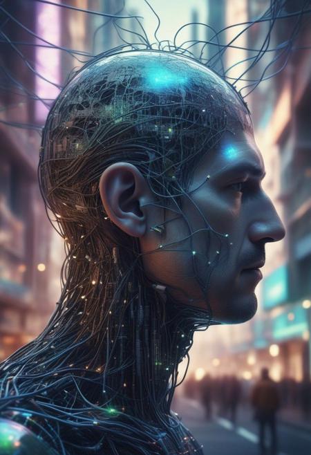 a man's head with many neurons with current in the form of wires connected to the city of the future. matrix style. .hd. 8 k. hyperrealistic. space. abandoned city. Highly detailed illustration of a hidden world inside planet earth, atmosphere, futuristic city and spaceship in the background, holographic shimmer, whimsical lighting, futuristic ambiance, soft textures, imaginative artwork, ethereal glow, silent Luminescence, whispering Silent, iridescent Encounter, vibrant background, rule of thirds, high quality, high detail, high resolution, bokeh, backlight, long exposure