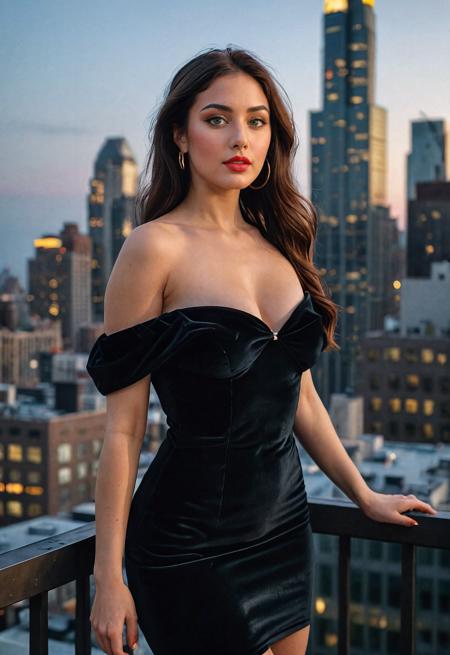 Fine art photography of a hot Colombian woman, age 22, with white skin and an (athletic build) with (wide hips). She has long, dark, straight hair and is wearing a chic dress outfit. Standing confidently, she gazes seductively at the camera, exuding poise and allure. The scene is set on the Rooftop of an Urban Skyscraper at Dusk, with soft twilight lighting and a gentle haze effect adding to the ambiance. The image is captured from a low angle with a Canon EOS R5, evoking the artistic style of renowned photographer Cindy Sherman. Capture the essence of sophistication and mystery in this captivating scene.
