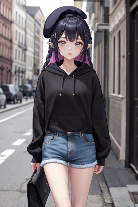 masterpiece, best quality, highres, 1girl hair ornament beret pointy ears <lora:sora_orbit_no_outfit:1> hoodie, denim shorts