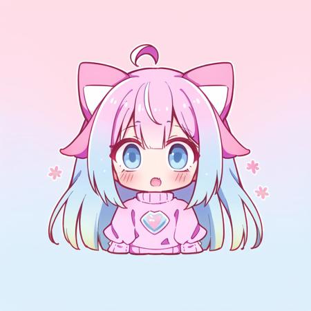 1girl, solo, cat ears, multicolored hair, ((gradient hair), white+(blue)+(pink:0.5) hair//), very long hair, messy hair, bangs, ahoge, ((gradient eyes), pink+light_blue eyes//), slit pupils, glowing eyes, 1fang,
:o,
white sweater,, masterpiece, best quality,chibi