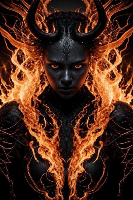 (8k, RAW photo, highest quality), hyperrealistic, intricate abstract, intricate artwork, abstract style, striking portrait, menacing, otherworldly creature, [demon:darkness:35], [flames:magma:40], with swirling flames cascading from its body, fearsome power and ethereal presence, non-representational, colors and shapes, expression of feelings, imaginative, highly detailed, extremely high-resolution details, photographic, realism pushed to extreme, fine texture, 4k, ultra-detailed, high quality, high contrast