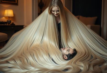 A woman with extraordinarily long, floor-length hair stands over a man lying on the floor. Her silken tresses cascade down, enveloping him completely, wrapping around him like a living blanket of flowing hair. The scene is intimate and serene, bathed in warm, ambient light. The woman gazes down with a calm, caring expression, while the man lies beneath the luxurious strands, relaxed and savoring their soft embrace. The setting is indoors, exuding a cozy and elegant atmosphere.