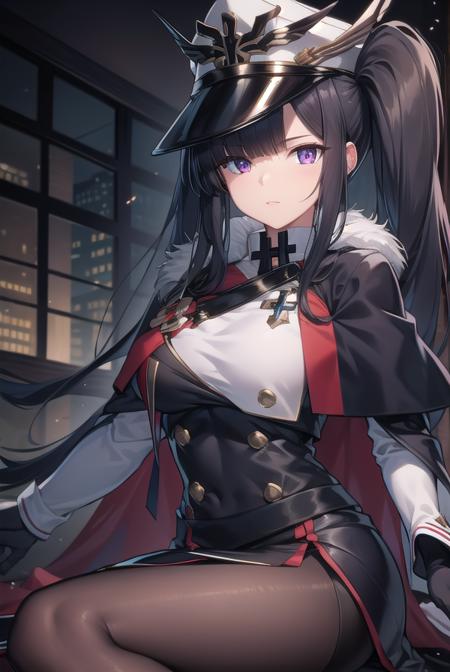 peterstrasser, <lora:peterstrasser-lora-nochekaiser:1>,
peter strasser, black hair, hair over one eye, long hair, one eye covered, (purple eyes:1.1), twintails,
BREAK armored boots, black coat, black footwear, black ribbon, boots, buttons, cape, coat, fur trim, fur-trimmed cape, gloves, hat, high heels, military hat, peaked cap, red cape, ribbon, stiletto heels, white gloves, white headwear,,
BREAK looking at viewer,
BREAK indoors,
BREAK <lyco:GoodHands-beta2:1>, (masterpiece:1.2), best quality, high resolution, unity 8k wallpaper, (illustration:0.8), (beautiful detailed eyes:1.6), extremely detailed face, perfect lighting, extremely detailed CG, (perfect hands, perfect anatomy),