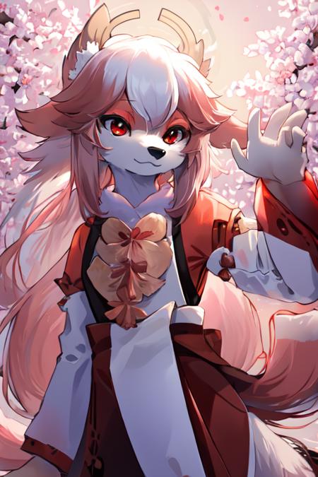 (((masterpiece))), (((best quality))), ((ultra-detailed)), (digital art), (detailed light),((an extremely delicate and beautiful)),(fluffy anthro furry:1.5), 1girl, solo, furry cat, cat ears, (closed smile, tongue out:0.9), kemono,  hair bell, twintails, two-tone hair, whiskers, (atmospheric perspective, amazing background, shrine, cherry blossoms, forest:0.8), ( red eyes:1.3), <lora:yaeMikoRealistic_yaemikoMixed:1>