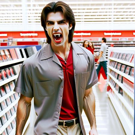 Vampyfangs1. a film still photo. 35mm. 4k. From a 2003 movie. A brown haired vampire man wearing a Grey and red bowling shirt and Khaki pants is showing off his fangs, he is walking around a Best Buy. Looking at a DVD case.