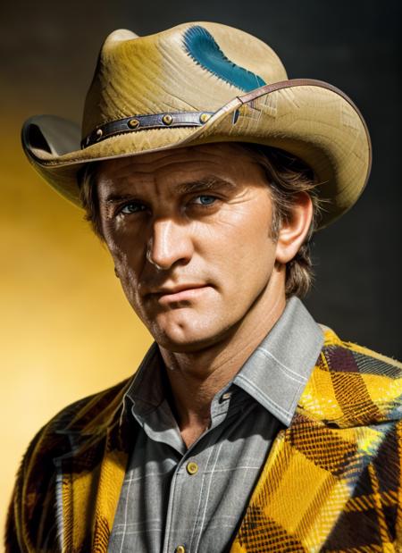 ( <lora:KirkDouglas:.8>)  Portrait photo of (kd1) man with short hair, Detailed face, (perfect eyes), (realistic matte skin:1.1), perfect body, wearing  ((yellow and blue plaid Western Sheriff costume and Stetson Hat)), Modelshoot style, Professional Photography, soft  lighting, PHOTOREALISTIC, Realistic, standing in a dark studio background, blurred background, volumetric fog,. RAW, analog style, sharp focus, 8k, HD, DSLR, high quality, Fujifilm XT3, film grain, award winning, masterpiece,