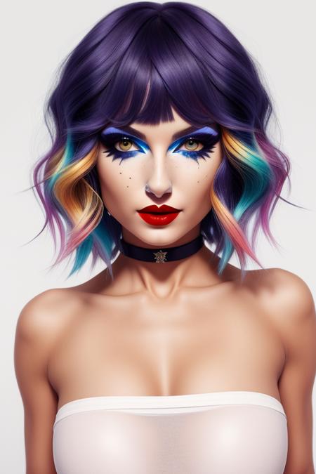 1girl, solo,  upper body, looking at viewer,  white background,  bob cut,  short hair,  multicolored hair,  makeup,  parted lips,  red lips,  eyeliner