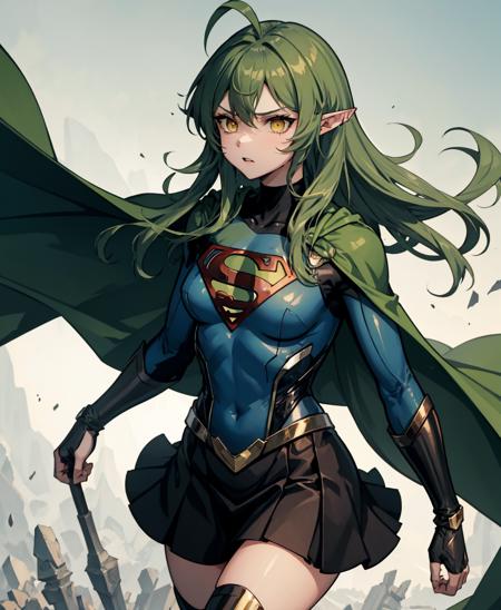 gavial, superman_oc, 1girl, green hair, yellow eyes, pointy ears,  medium breasts, miniskirt, black skirt, looking to the side, green cape, solo, <lora:superman_oc-09:0.8>,  <lora:Gavial-04:1>