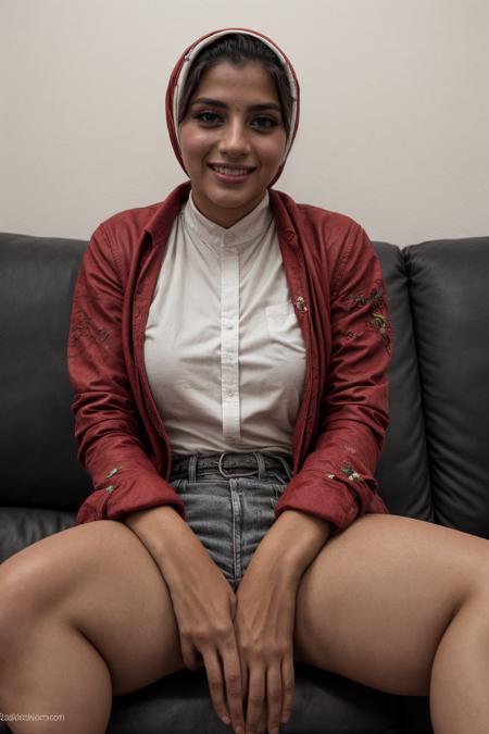 candid, 22yr old pakistani hijabi woman, castingcouch, wearing embroidered cotton red (kameez:1.1), leather jacket,  <lora:couch:0.7>, blushing, nervous, apprehensive, forced smile looking away, sitting on sofa, from below,  barefoot,   <lora:add_detail:0.5>, <lora:real_skin:0.7> skin, <lora:retromanba:0.3> Yamanba (dark skin), RAW photo, 8k uhd, dslr, soft lighting, high quality, film grain, Fujifilm XT3