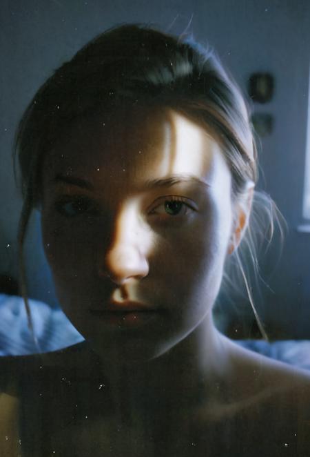 FP100C, Portrait, womans bedroom scene, portrait photo of stylish 21yo Canadian woman, soft facial features, perfect detailed eyes, natural skin, (hard shadows:.81), prismatic light, grainy, shadows, spotlight, sensual, voyuerism <lora:FP100C_frameless:.91>