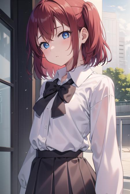 rubykurosawa, <lyco:rubykurosawa-lyco-nochekaiser:1>, 
ruby kurosawa, aqua eyes, medium hair, red hair, two side up, twintails, (flat chest:1.2), 
BREAK black socks, bow, bowtie, brown footwear, buttons, grey sailor collar, grey skirt, loafers, long sleeves, miniskirt, pleated skirt, sailor collar, school uniform, serafuku, shirt, shoes, skirt, uranohoshi school uniform, white shirt, winter uniform, yellow bow, yellow bowtie,
BREAK looking at viewer, 
BREAK indoors, classroom, 
BREAK <lyco:GoodHands-beta2:1>, (masterpiece:1.2), best quality, high resolution, unity 8k wallpaper, (illustration:0.8), (beautiful detailed eyes:1.6), extremely detailed face, perfect lighting, extremely detailed CG, (perfect hands, perfect anatomy),