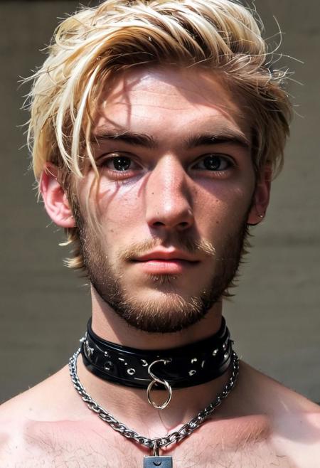 kyle ross, male focus, a handsome 19yo platinum blonde twink, close up of face, face focus, dynamic posture, dramatic angle, camera angle from below, shirtless, beard, trimmed beard, scruffy beard, hands on hip, black dog collar, black neck collar, long chain necklace, kinky,
skinny muscled, slender muscled, skinny, slender features, narrow shoulders, detailed armband tattoo, cute face, boyish face, perfect biceps, bicep veins, bulging veins, defined veins, great pecs, thin waist, angular face, strong and powerful, sporty, predatory look, feathered hair, long hair, shoulder length hair, great detail, satisfaction, blue eyes, bubble butt, small ass, small butt, tight shorts, 
(Masterpiece, high quality:1.3), masterpiece, depth of field, bokeh, detailed, homoerotic, (homoerotic), highly detailed, sharp focus, intricate, smooth, elegant, fantasy, cinematic lighting, cinematic, masterpiece, matte, photorealistic, 4k, beautiful, volumetric lighting, dramatic, photo-realistic, life-like, high detail, lighting, 8Knematic lighting, 8K, contrast lighting, contrasting lighting, cinematic lighting,