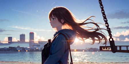 -blues,1girl,solo,sky,outdoors,bag,brown hair,coat,long hair,blurry,cloud,depth of field,blue sky,wind,scenery,lens flare,bokeh,from side,bangs,Play on a swing
<lora:blues_20240115150616-000018:0.9>,