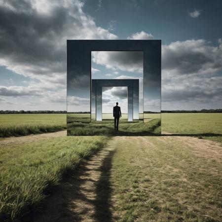 optical illusion - the illusion of mirrors digital art, 
composition:a square mirror was placed against a huge concrete fence, 
the reflection in the mirror shows a man walking across the field