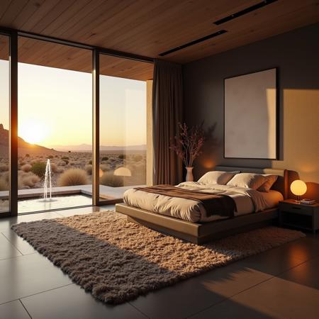 professional photo of creative modern bedroom, natural light through large windows, dry arid desert views, realistic, warm sunset, high resolution, high quality, best quality, (masterpiece), extremely detailed, soft fluffy rugs, low backed couches, dark walls, windows open, fountain, water feature