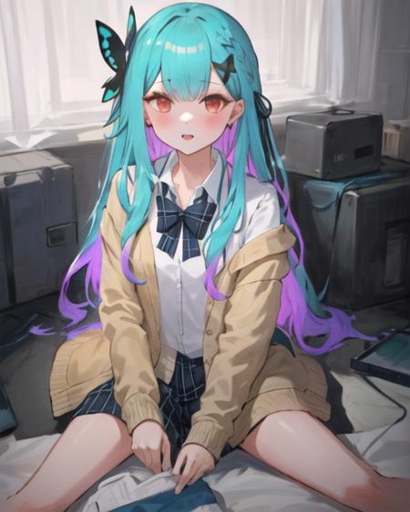 longrushia,  masterpiece, best quality, masterpiece, 1girl, solo, uruha rushia, highres, 1girl, long hair, aqua hair, gradient hair,multicolored hair, red eyes, jewelry, white shirt, brown cardigan, sleeves past fingers,