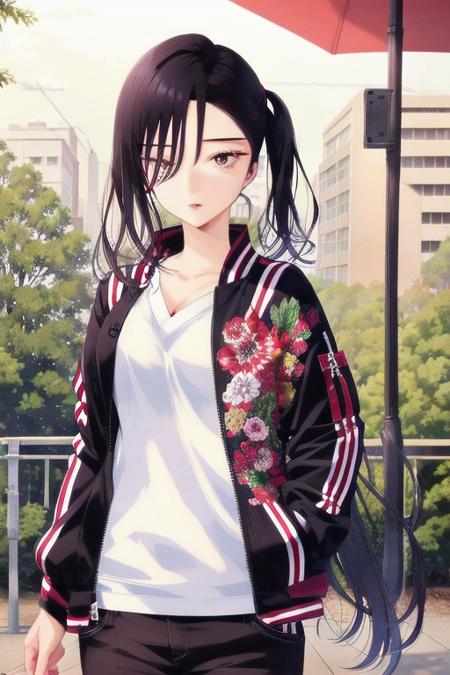 <lora:0005Kakira:1>,akira,black hair,black eyes,open_jacket,long hair,cigarette,