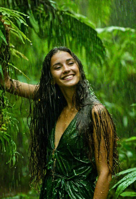 No Makeup, South Spanish Flat face, Amazon Rain forest, ((Extreme detail, Heavy Rain, Playing in rain, Plants)), Outdoor, Green and Gold shades, (((Full hand dress))), (((long shot, full body coverage))), Long and silky hair, head bend, Smile, dimples, black and brown hair while shades of violet, ((Cinematic lighting)), (((The image should be detailed and lifelike, making it challenging to discern whether it's a real photograph or a digital creation. Focus on achieving realism in her facial features, skin texture, and hair, and ensure the lighting contributes to the overall authentic appearance. Ray tracing)))