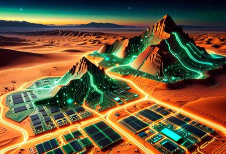 Concept: Digital Wilderness, Circuitry Landscape, Electronic Terrain, Data Plains, Tech Desert, Nanotech Environment.
Style: pcb_style, circuit board art, technical design, electronic aesthetic, glowing circuits, wireframe effect, digital lines, futuristic tech, schematic patterns, highly detailed.
Landscape Elements: sandy dunes (glowing PCB), mountains (microchip-like), rock formations (integrated circuits), rivers (data streams), luminous traces, copper patterns, silicon valleys, desert plants (cable/crystal structures), glowing components, metallic sand, etched pathways.
Effects: internal light, pulsing glow, light trails, digital shimmer, energy flow, translucent effects, reflections on metallic parts, crisp lines, subtle electrical sparks, data streams (visualized as light).
Colors/Hues: dominant greens (classic PCB), blues, deep reds, oranges, and metallic tones (copper, gold, silver) for components and traces; sand can be a mix of subtle green/blue/gold. Vibrant neon highlights.
Background: alien sky, starry night with digital constellations, vast horizon, glowing gridlines.
Style: sci-fi landscape, conceptual art, technical illustration, highly detailed, atmospheric, futuristic, intricate, captivating, vast, otherworldly.
