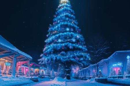 ((flourescent theme)), iridescent aura, christmas tree in a market, rustic, nostalgic, snow, snowing, blizzard,  high quality, best quality, highres, high detail,  masterpiece, best quality, <lora:Bluemageddon:1.1>,