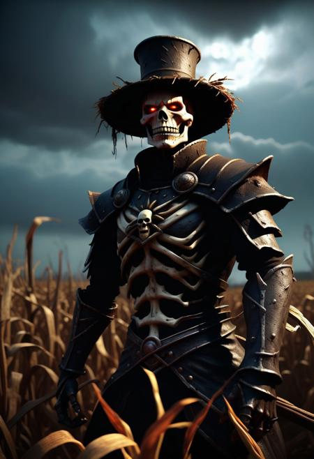 Masterpiece, professional, award-winning, intricate details, ultra high detailed, 64k, dramatic light, volumetric light, best quality, highres, ultra-detailed, (realistic:1.37),dark soul boss style ,skull face, Lovecraftian horror style, haunted corn field background, scythe weapon, glowing red eyes, Scarecrow outfit with rugged clothes and hat, energy cracking around body, battle aura, bloodstained, dynamic lighting, ominous atmosphere, grim and desolate, creepy fog, unsettling shadows, weathered scarecrows, distorted landscapes, haunting whispers, ominous sky, ominous storm brewing, lingering sense of darkness, ominous runes, mystery and suspense, brutal and intense, dread and fear, gothic elements, oppressive silence, menacing presence, horror-filled ambiance, dark and tormented souls, sinister energy, evoking a sense of doom, nightmare-infused reality. Showcasing incredible texture and detail. Rendered in high-quality, super-detailed textures. Meticulously illustrated, 8k,anime,illustrated,Enhanced all,