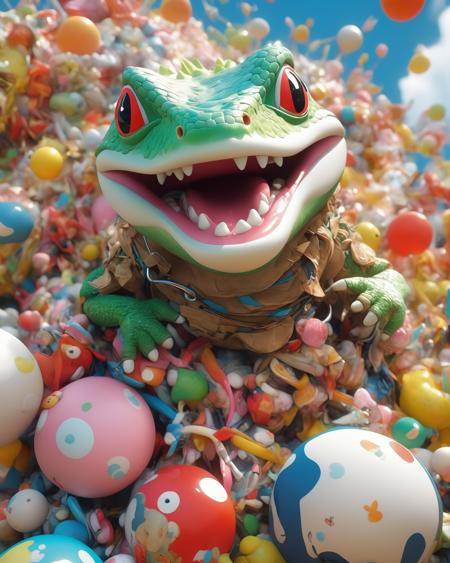 A happy lizard sticking out his tongue and holding an axe while wearing a khaki fire fighter uniform, eyeballs, toy core, Takashi murakami, Katakana, hiranaga, Kumo clouds, volumetric shapes, hiranaga, superrealistic, maximalist, 8k photorealistic digital art, hyperrealistic aesthetic, chromatic aberrations, shiny, detailed facial features, 3d, extreme focus, high definition, high contrast, rendered in blender, cycles engine, sigma 105mm f/1.4 dg hsm art, Unreal 5, toy, soft smooth lighting, soft pastel colors, 3d blender render, polycount, modular constructivism, pop surrealism, physically based rendering, cartoon, semi-realistic, art by Masashi Kishimoto