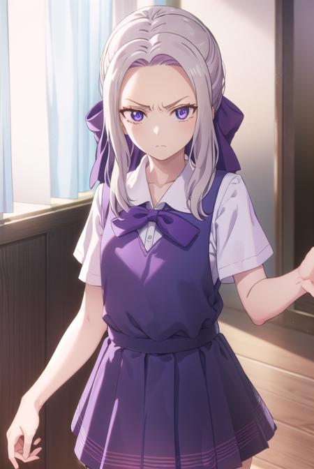 shinokiryuu, <lora:shino kiryuu s2-lora-nochekaiser:1>,
shino kiryuu, (purple eyes:1.1), white hair, hair bow, purple ribbon, frown, angry, (flat chest:1.2),
BREAK skirt, shirt, bow, school uniform, white shirt, short sleeves, pleated skirt, bowtie, blue skirt, 
BREAK indoors, classroom,
BREAK looking at viewer, (cowboy shot:1.5),
BREAK <lyco:GoodHands-beta2:1>, (masterpiece:1.2), best quality, high resolution, unity 8k wallpaper, (illustration:0.8), (beautiful detailed eyes:1.6), extremely detailed face, perfect lighting, extremely detailed CG, (perfect hands, perfect anatomy),