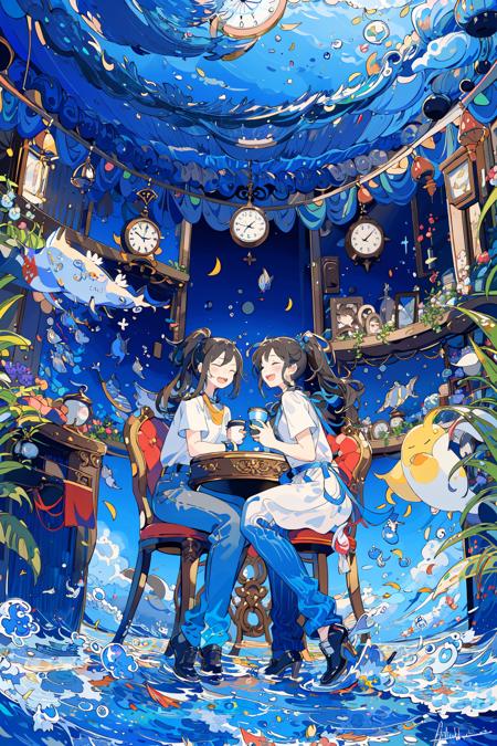 (masterpiece:1.2), best quality,PIXIV, 
fairy tale style, multiple girls, 2girls, clock, short sleeves, black hair, sitting, closed eyes, chair, long hair, plant, cup, shoes, table, dress, shirt, open mouth, black footwear, water, fish, signature, bubble, pants, wide shot, leaf, white shirt, smile, ponytail, blush, holding, black dress, medium hair, book, waves
 <lora:fairy tale style-000016:0.8>