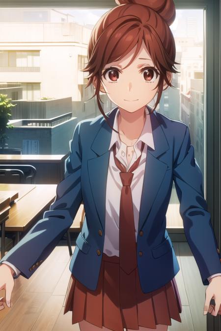 natsukienomoto, <lora:natsuki enomoto movie-lora-nochekaiser:1>,
natsuki enomoto, short hair, brown hair, (brown eyes:1.5), hair bun, single hair bun, (swept bangs:1.5), smile,
BREAK skirt, school uniform, jacket, pleated skirt, necktie, blazer, blue blazer, shirt, white shirt, collared shirt, red necktie, blue skirt,
BREAK indoors, classroom,
BREAK looking at viewer, (cowboy shot:1.5),
BREAK <lyco:GoodHands-beta2:1>, (masterpiece:1.2), best quality, high resolution, unity 8k wallpaper, (illustration:0.8), (beautiful detailed eyes:1.6), extremely detailed face, perfect lighting, extremely detailed CG, (perfect hands, perfect anatomy),