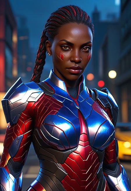 Iron Woman, Absolute instinct Mode, armor, web pattern design, detailed matte painting, deep color, fantastical, intricate detail, splash screen, complementary colors, fantasy concept art, 8k resolution trending on Artstation Unreal Engine 5, random facial features, mature ebony woman, dark chocolate skin, colors are red, blue and silver, gran theft auto 6 style, refined, defined, highly detailed, follow negative prompts,
