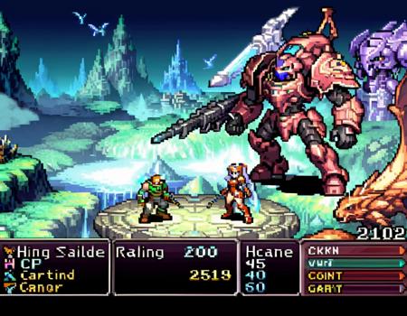 An image capturing a turn-based RPG game scene in vibrant game style graphics. On the right side, a large, imposing multi-functional tank dominates the battlefield, detailed with futuristic weaponry and robust armor. On the left, a magical girl stands confidently, her attire a blend of mystical and modern elements, wielding a staff that glows with arcane energy. The interface is prominently displayed, featuring health bars above each character, a skill tree to the side showing available abilities, and action buttons for game commands. The background is a fantastical landscape, merging elements of magic and advanced technology,  <lora:gbaplay_rpg:0.85>