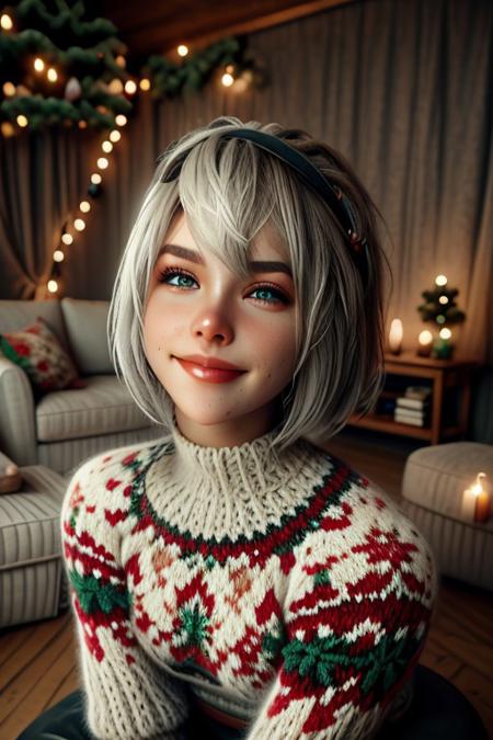 christmassweater, Masterpiece, 1female, 2B (YoRHa No.2 Type B), realistic photo, portrait,  European, female, red lips, gentle smile, 20 years old, realistic high detailed face, natural eyes, anatomic correct bodies, lots of detail, colorful, hdr, strong, mature female, beautiful, dull_natural_skin, skin texture style, detailed skin pore, detailed skin, realistic skin, cinematic, elegant, hyperrealistic, hyperrealism, Christmas sweater, colorful sweater, living room, Christmas tree, Christmas decorations, Christmas, hands hidden, hands out of view, bangs, falkems, makeup, lipstick,  smile  fullbody, torso visible