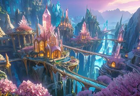 Floating crystal city, fluroite city, aerial view, futuristic cityscape, floating city, large city, busy city, multiple levels,  crystal-like architecture,  tall spires, many tall crystal structures, (crystal towers:1.2), glowing structures, (fluorescent crystal buildings:1.5), floating islands connected by bridges, (crystalline bridges:1.2), (crystal bridges:1.4), (waterfalls with glowing effects:1.2), stylized trees, (pink flowering trees:1.2), digital art, fantasy style, high detail, vibrant lighting, (atmospheric lighting:1.2),  detailed architecture, intricate design, wide-angle shot, (aerial perspective:1.2), (glowing crystal caverns:1.2), serene atmosphere, magical, detailed cityscapes, beautiful, scenic, (detailed crystal formations:1.3), fantasy city,  detailed landscape, vibrant colors,  detailed textures,  digital painting,  fantasy art,  (floating island design:1.2), (city architecture:1.3),  (mountain ranges:1.1),  (green valleys:1.1), (sunset:1.2),  (vibrant color palette:1.2), 8k resolution,  epic scale, landscape painting,  detailed city environment,  floating islands,  floating city, composition, scenic view, (ethereal:1.5), gorgeous, masterpiece, crystal, fluorite, (art nouveau style architecture:1.5).