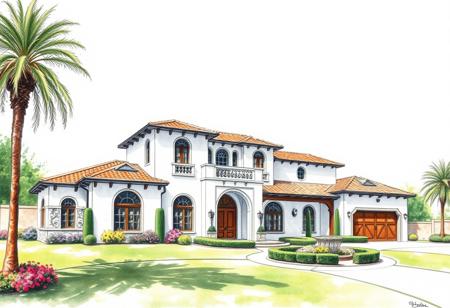 pencil drawing of a Spanish style mansion with splash of water color